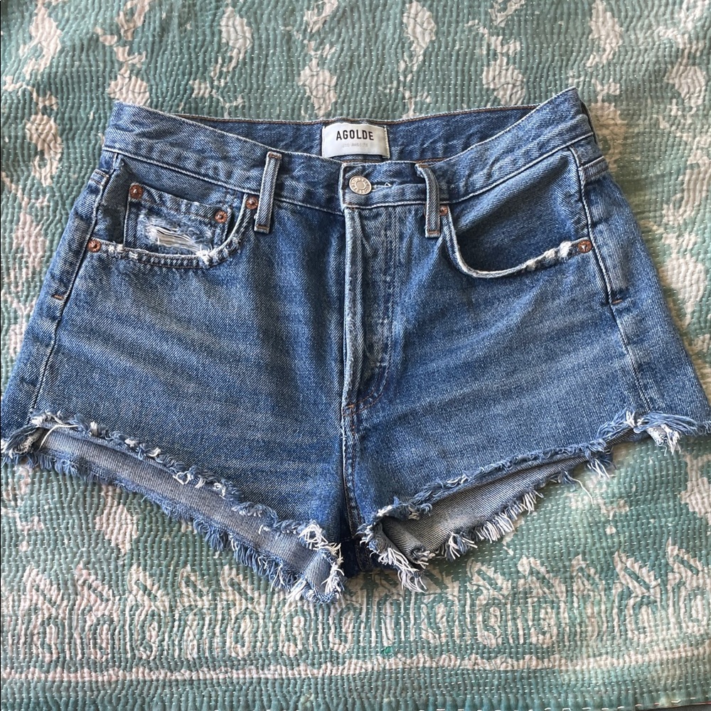 Agolde Blue Distressed High-Rise Denim Shorts